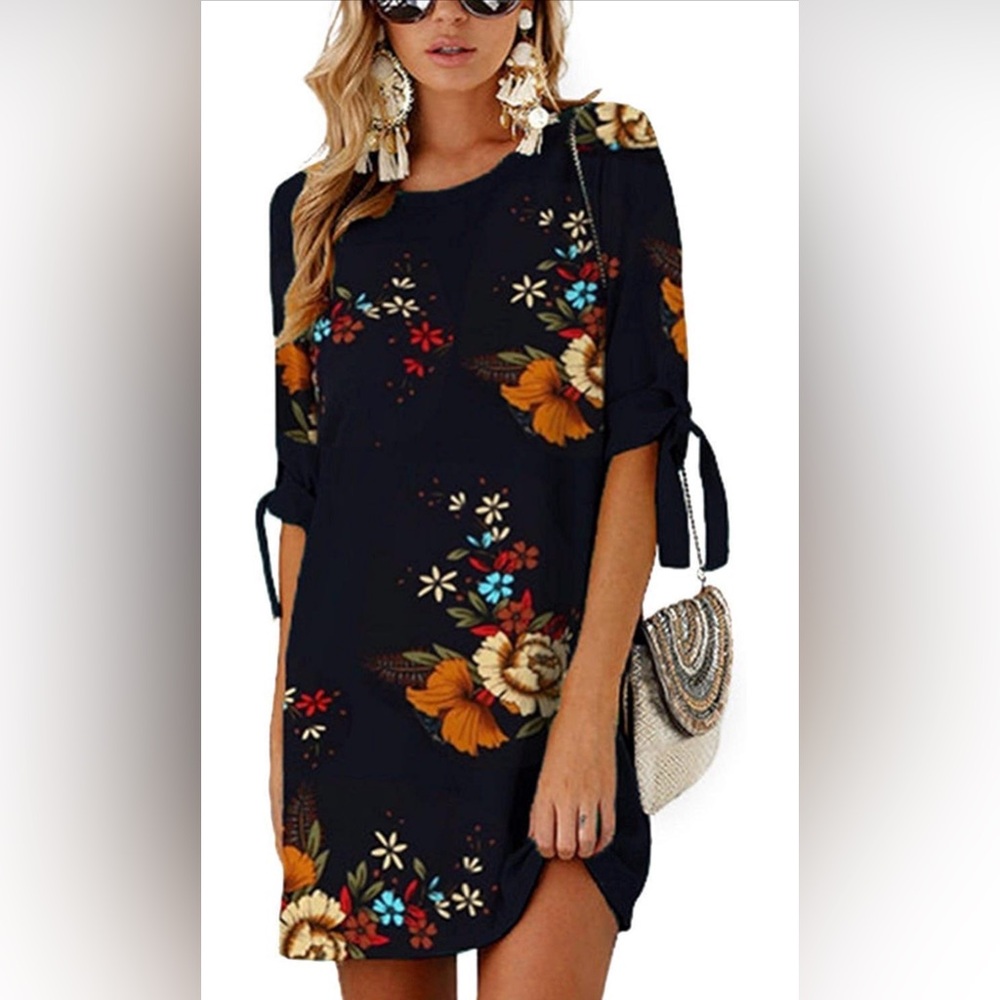 Floral Print Women's Mini Dress with Cute Tie Sleeves, Navy and Orange, Size XL